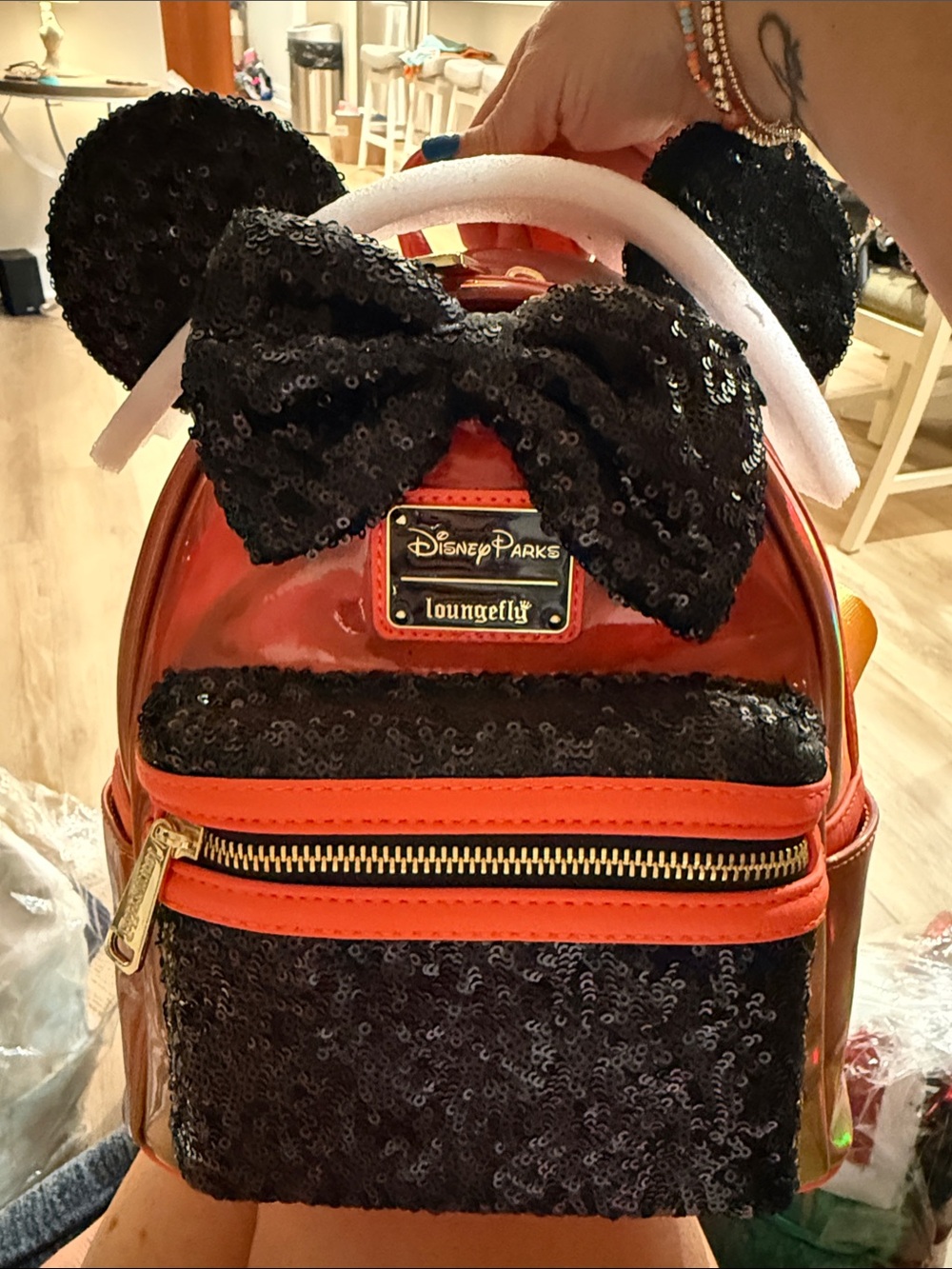 Loungefly Black Sequin Minnie Ear Mini Backpack with Red Accents